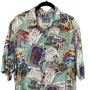 Reyn Spooner Hawaiian Shirt Men's Medium Post Cards Vacation Floral Short Sleeve